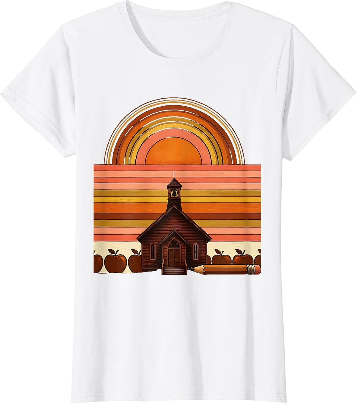 3rd Grade Teacher Schoolhouse Sunrise Graphic T-Shirt - White