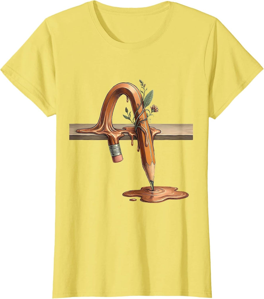 Women's TGIF Melting Pencil Surreal Teacher Art T-Shirt - Lemon Yellow