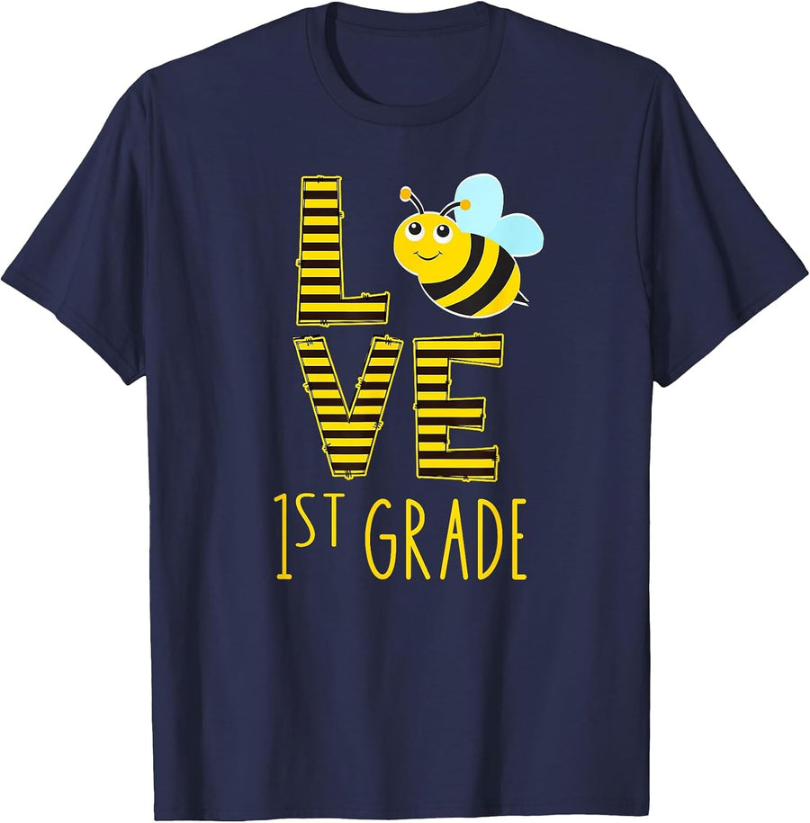 Love 1st Grade Back to School Yellow Bee 1st Grade Teacher T-Shirt - Navy Blue