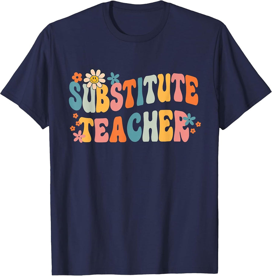 Groovy Substitute Teacher Retro Teacher Back to School T-Shirt - Navy Blue