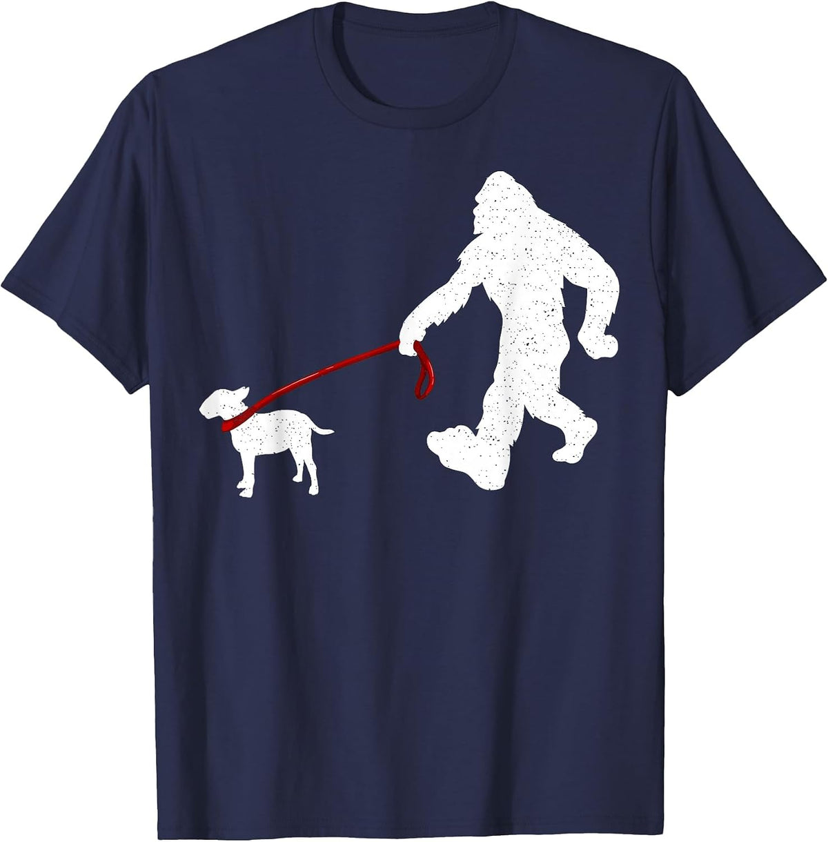 Funny Bigfoot Walking with Bull Terrier Dog T-Shirt - Navy Blue
