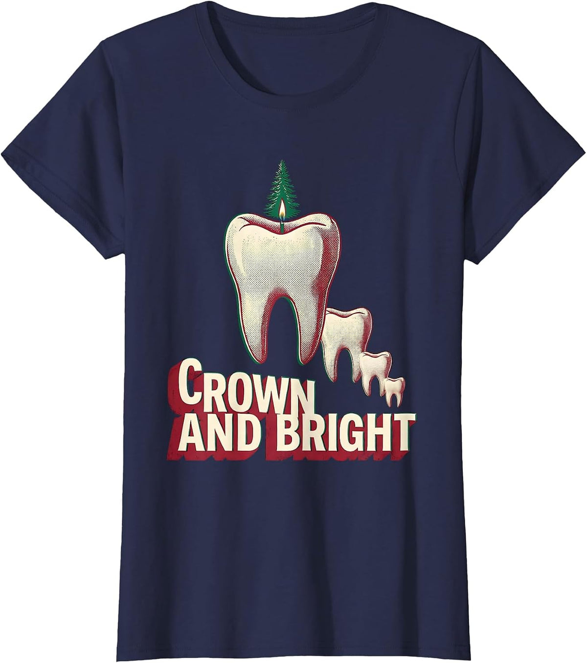 Women's Crown and Bright Oversized Carved Tooth Dental Christmas T-Shirt - Navy Blue