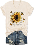 Womens Graphic T Shirt Floral Beach V Neck Tee Short Sleeve Casual Vacation Shirt Tropical Ocean Tops for Women - Beige-5