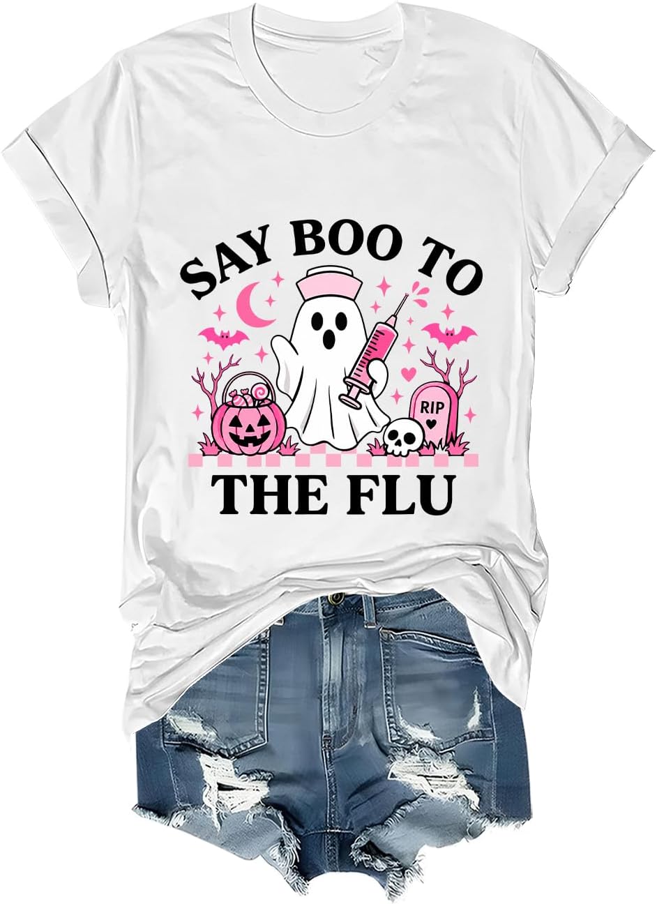 Say Boo to The Flu Shirt Funny Nurse Ghost Halloween T-Shirt Unisex - White