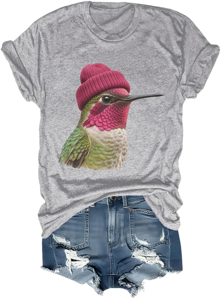 Anna’s Hummingbird Wearing Beanie Shirt Hummingbird Lovers T-Shirt - Crew Neck Grey1