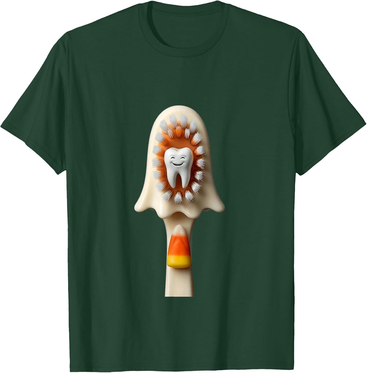 Friendly Ghost Toothbrush Halloween Dental Staff Humor T-Shirt - Dark Green