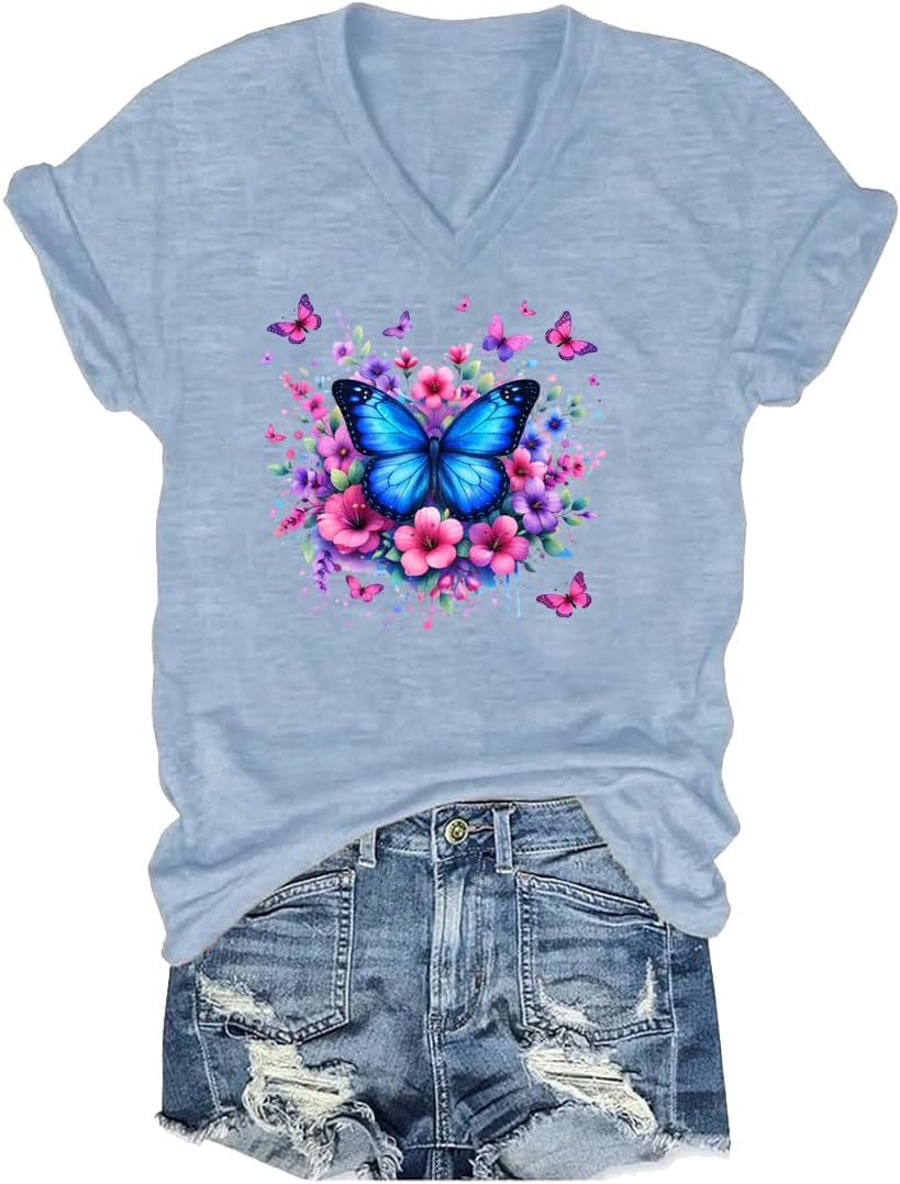 Womens Graphic T Shirt Floral Beach V Neck Tee Short Sleeve Casual Vacation Shirt Tropical Ocean Tops for Women - Blue-2