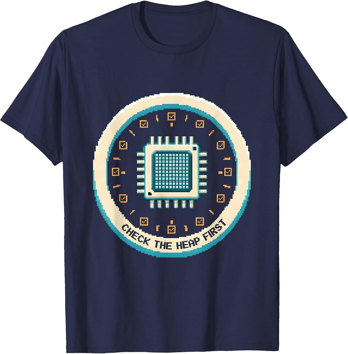 Check The Heap First Pixel Art IT Support Programmer Humor T-Shirt - Navy Blue