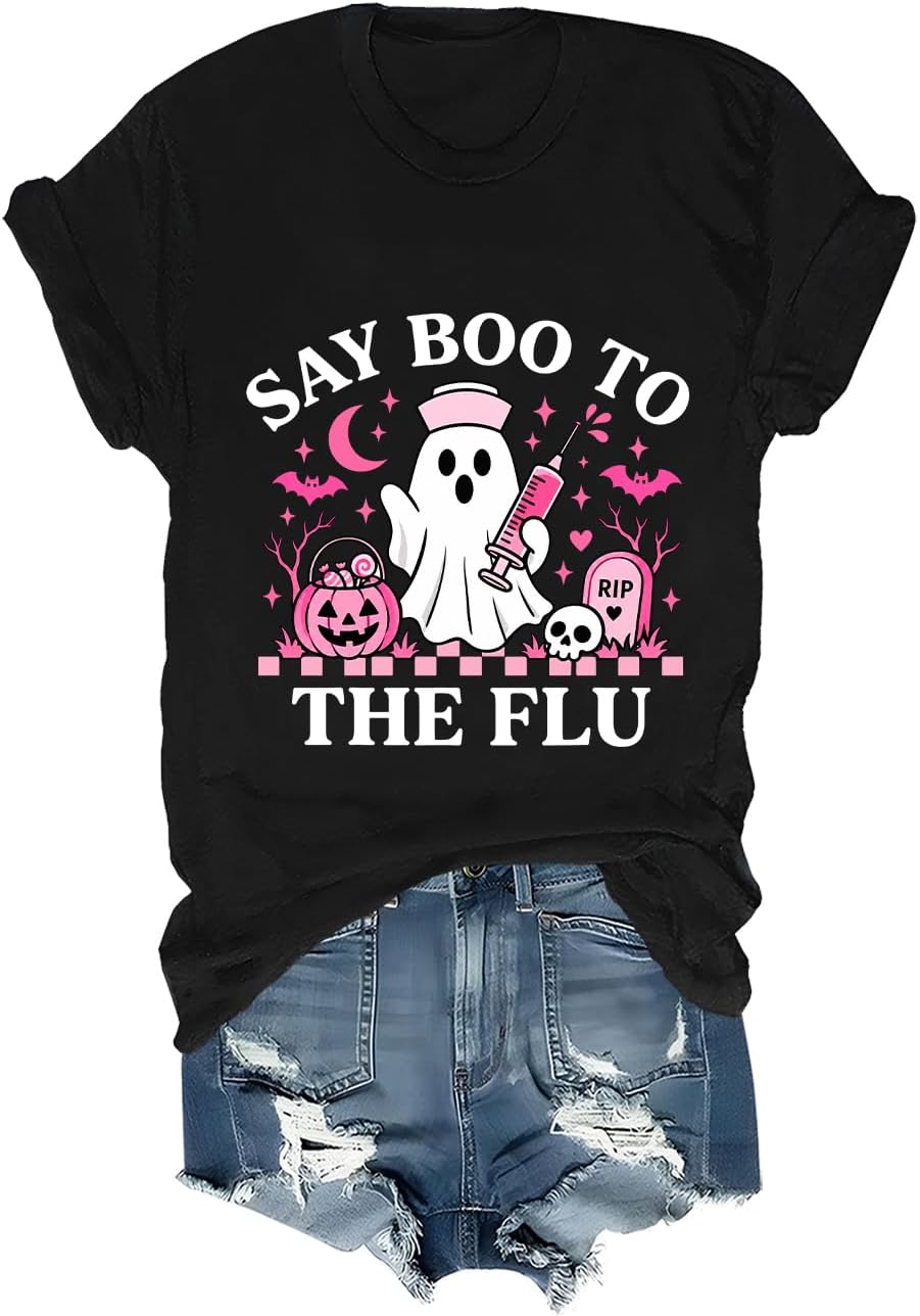 Say Boo to The Flu Shirt Funny Nurse Ghost Halloween T-Shirt Unisex - Black