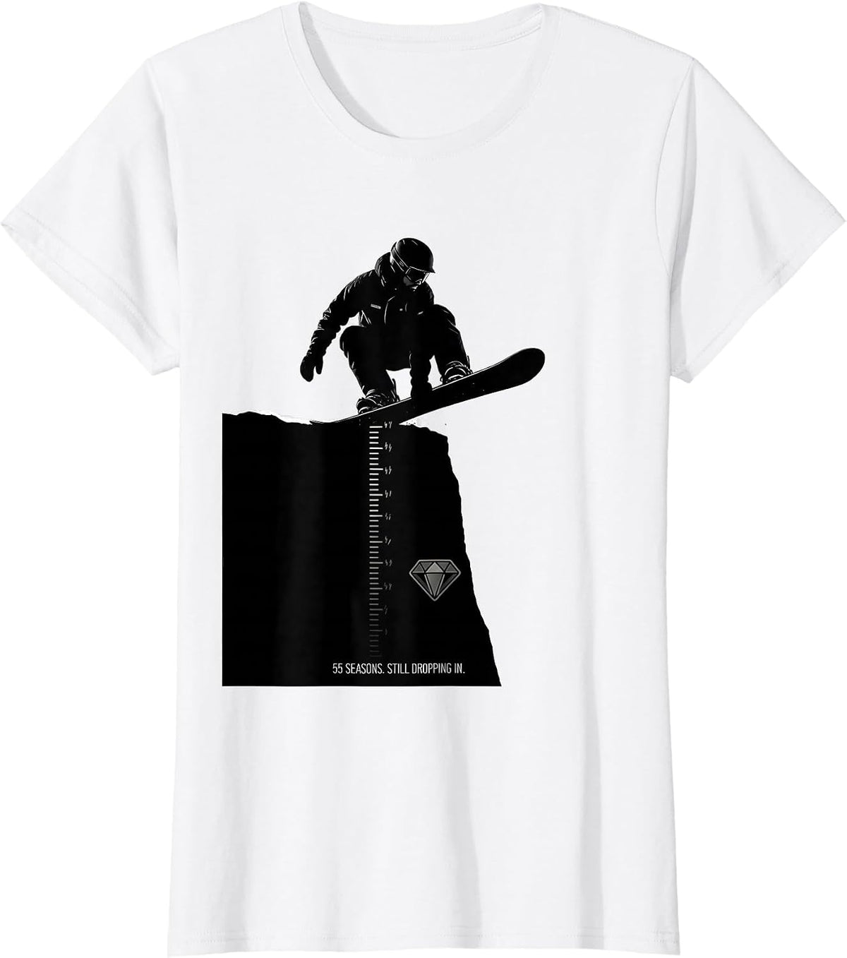 55 Seasons Still Dropping In Funny Snowboarder Silhouette T-Shirt - White