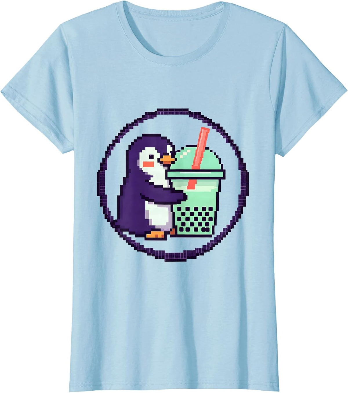 Women's Round Penguin Boba Tea Kawaii Anime Girl T-Shirt - Baby Blue