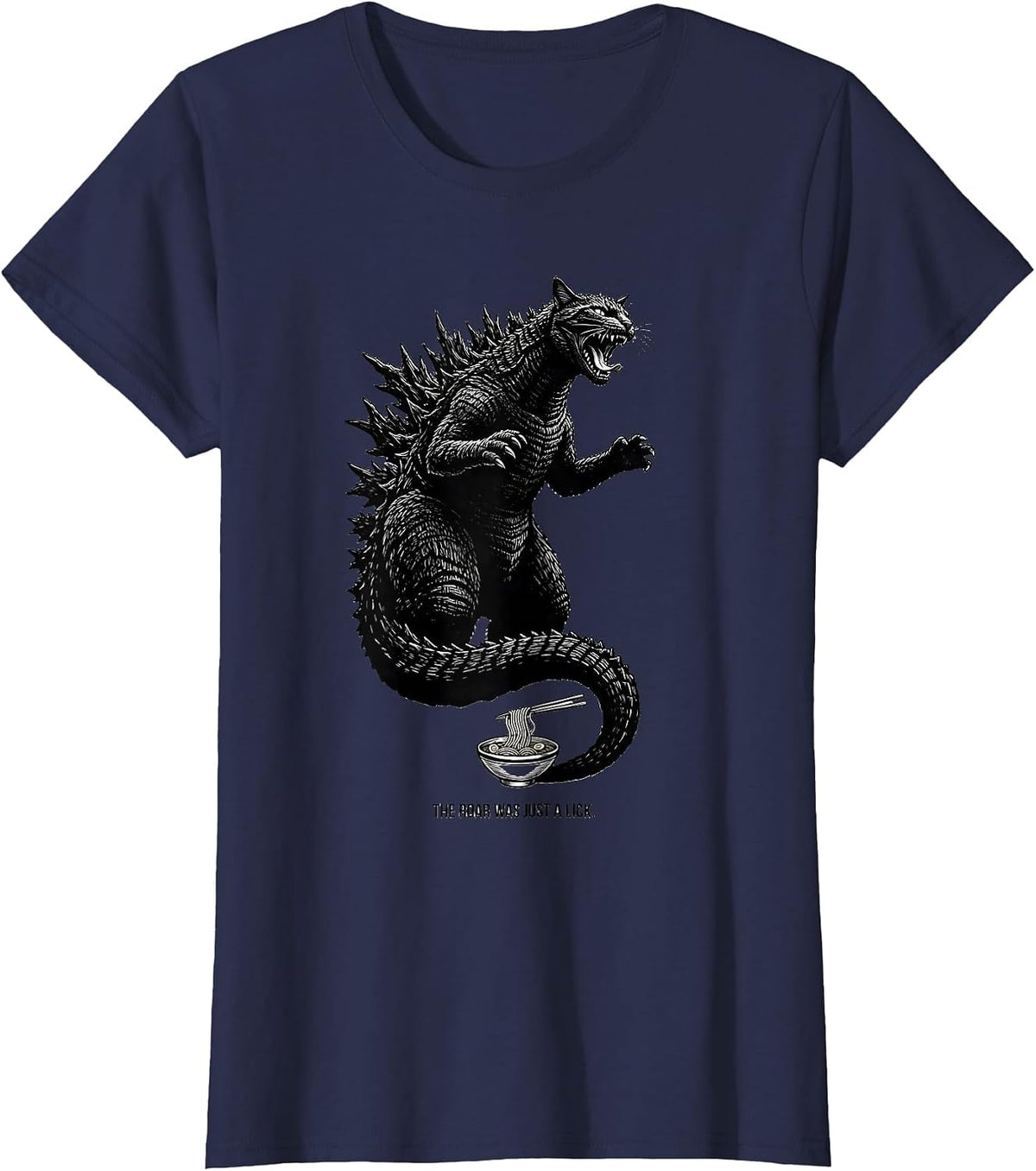 Women's The Roar Was Just A Lick Funny Cat Japanese Art Kaiju Ramen T-Shirt - Navy Blue