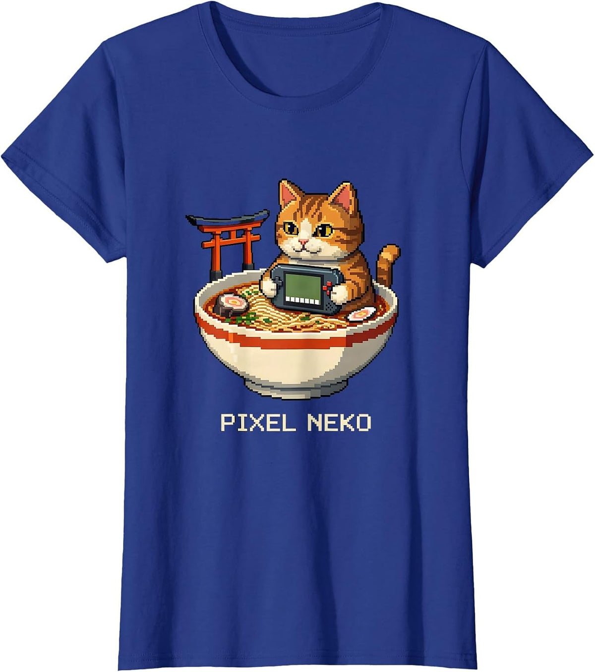 Women's Pixel Neko Funny Anime Cat Gaming Kawaii Japanese Art T-Shirt - Royal Blue