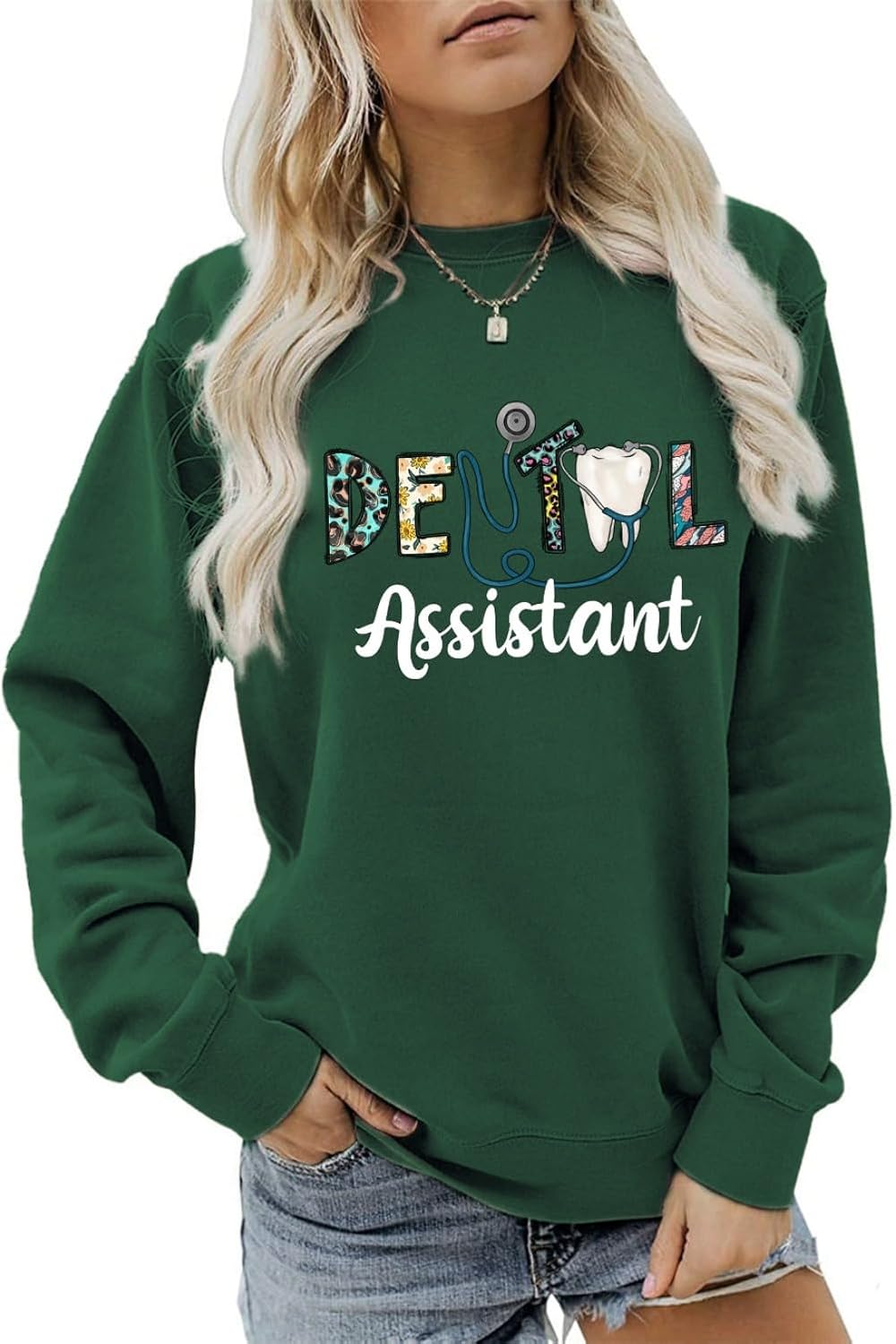 MEKOTSK Dental Assistant Sweatshirt Women Funny Graphic Shirts Long Sleeve Crewneck Fashion Pullover Tops Dentist Gifts -