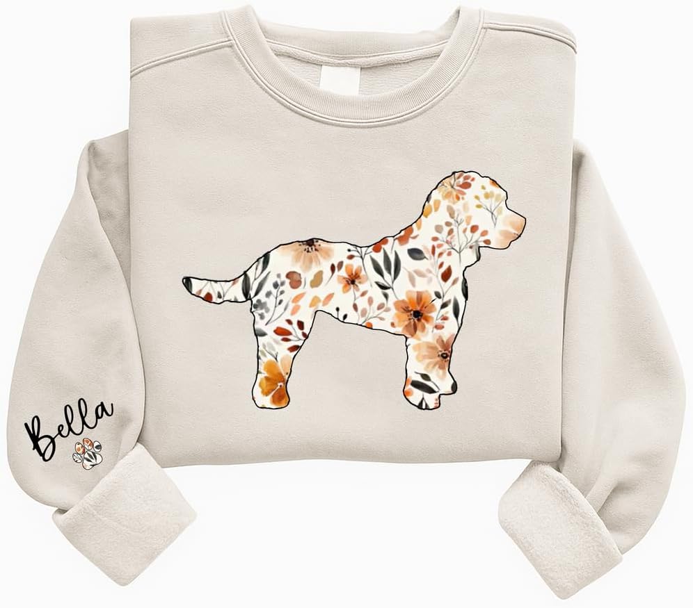 Personalized Floral Dogs Sweatshirt for Women, Custom Pet Name on Sleeve, Dog Lover Crewneck, Dog Mom Gifts - Cockapoo