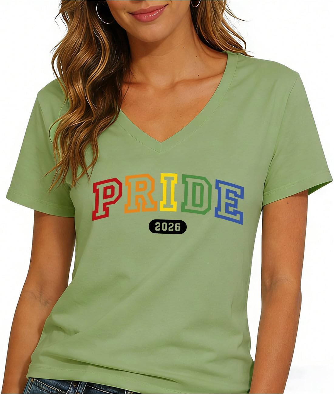 Pride 2026 Rainbow Letterman Varsity Style T-Shirt LGBTQ Pride Month Short Sleeve Tee - V-Neck Green-vneck