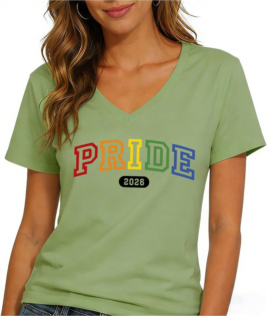 Pride 2026 Rainbow Letterman Varsity Style T-Shirt LGBTQ Pride Month Short Sleeve Tee - V-Neck Green-vneck