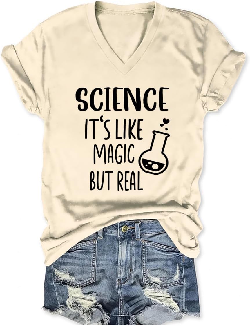 Science Teacher Shirt Women Funny Science Teacher Tshirts Teaching Life Short Sleeve T-Shirts Tops - Beige