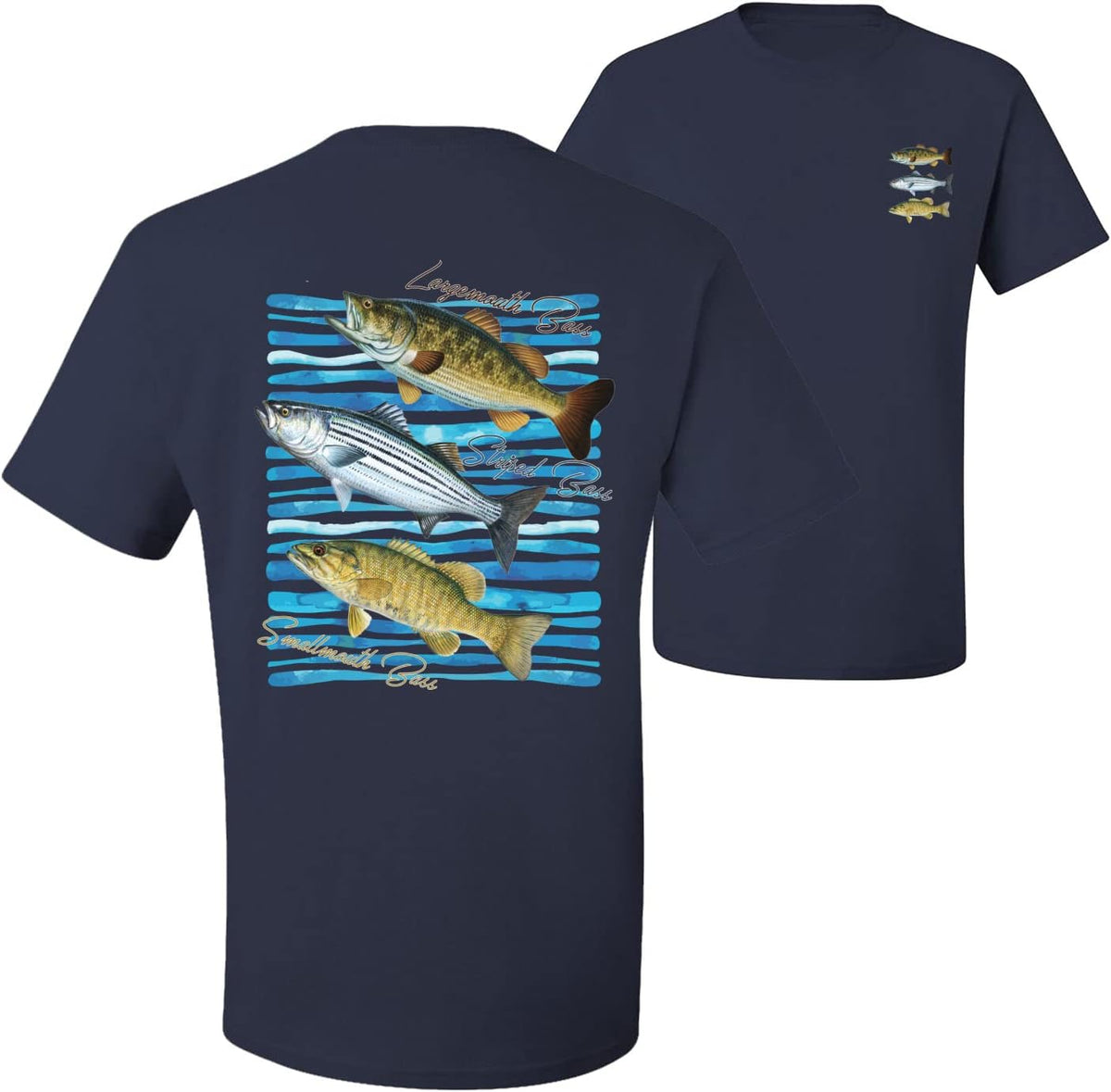 Largemouth Striped Smallmouth Big Bass Fish Fishing Front and Back Men's T-Shirt - Navy