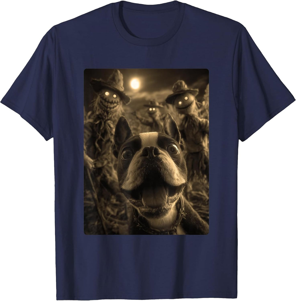 Vintage Boston Terrier Selfie Spooky Scarecrows Halloween T-Shirt - Navy Blue