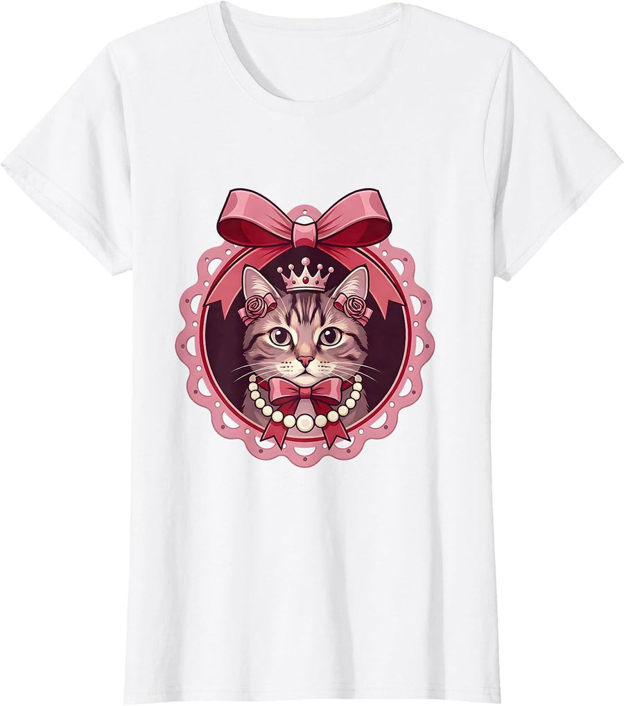 Women's Elegant Cat Pearl Necklace Crown Mimi Gift T-Shirt - White