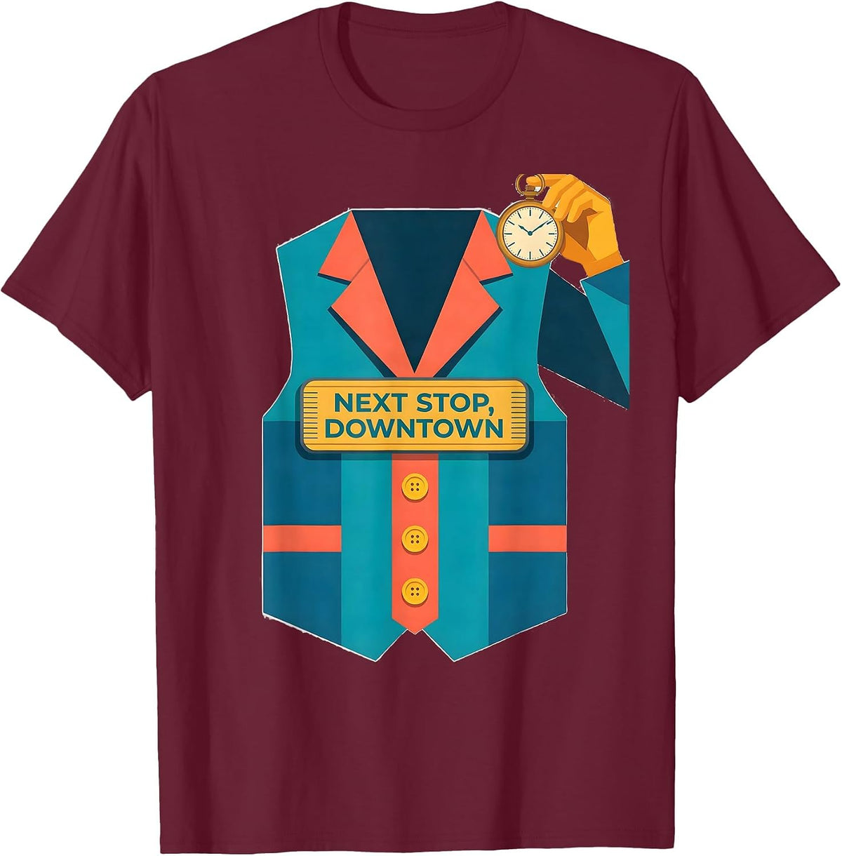 Next Stop, Downtown Flat Vector Halloween Train Conductor T-Shirt - Burgundy
