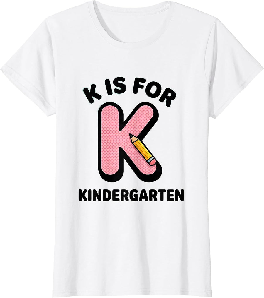 Women's K Is For Kindergarten Teacher Back To School Pencil Bow T-Shirt - White