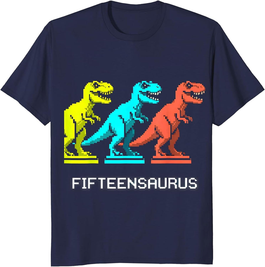 Fifteensaurus Pixel Art Dinosaur Family Humor ABC Learning T-Shirt - Navy Blue