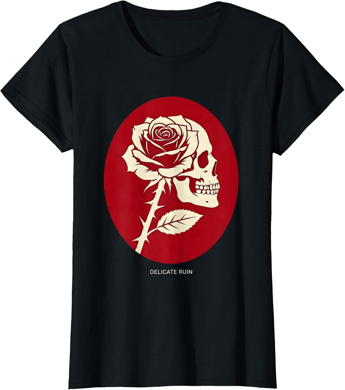 Women's Delicate Ruin Gothic Rose Skull Alt Aesthetic Dark Romantic T-Shirt - Black