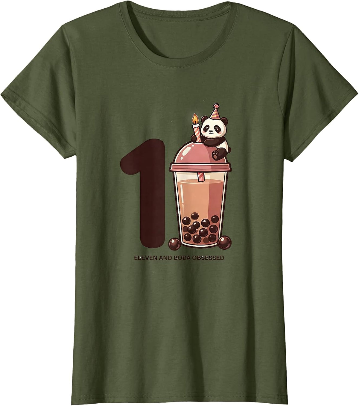 Women's Eleven And Boba Obsessed Cute Kawaii Panda Birthday Gift T-Shirt - Olive Green