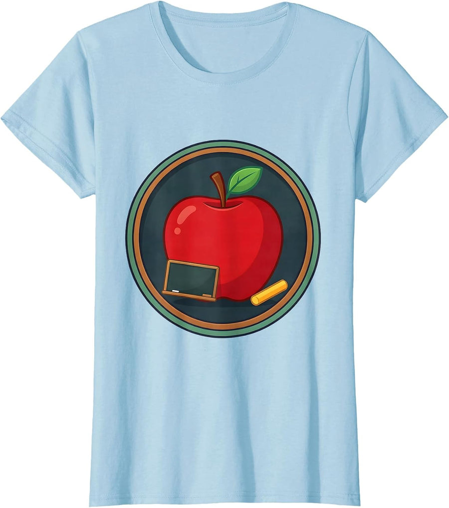 Women's Kindergarten Teacher Apple Chalkboard Illustration T-Shirt - Baby Blue