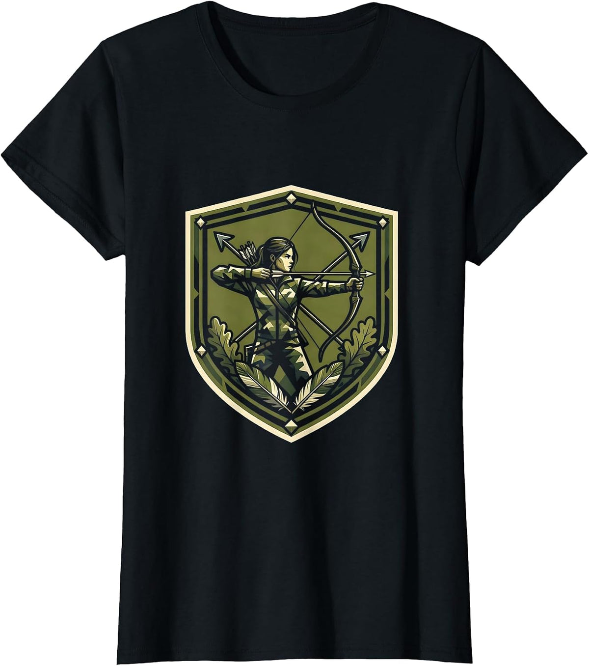 Camo Archer Hunter Bow and Arrow Illustration T-Shirt - Black