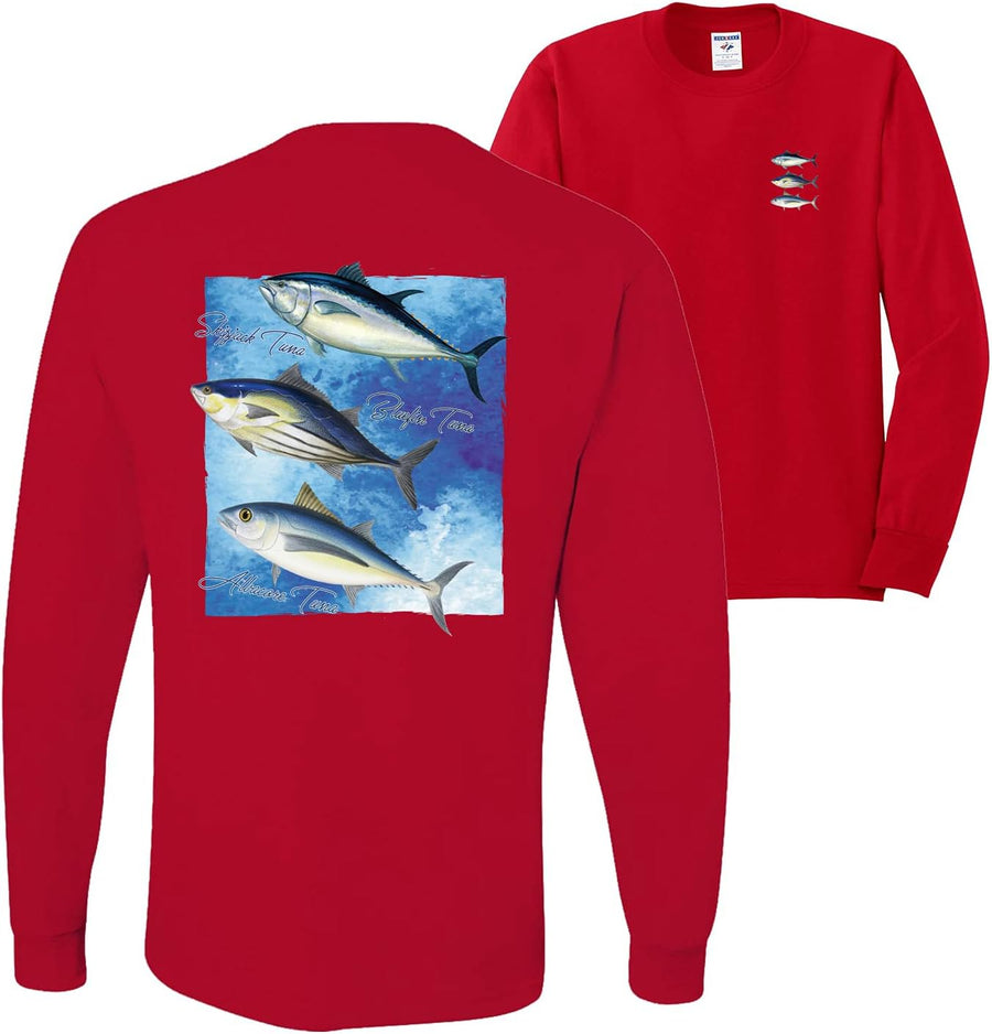 Cool Skipjack Bluefin Albacore Tuna Fish Trio Fishing Front and Back Mens Long Sleeve Shirt - Red