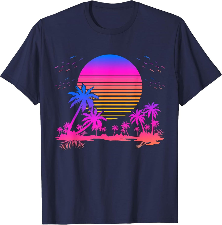 Synthwave Summer 1980s Art Retro Palm Trees Vaporwave T-Shirt - Navy Blue