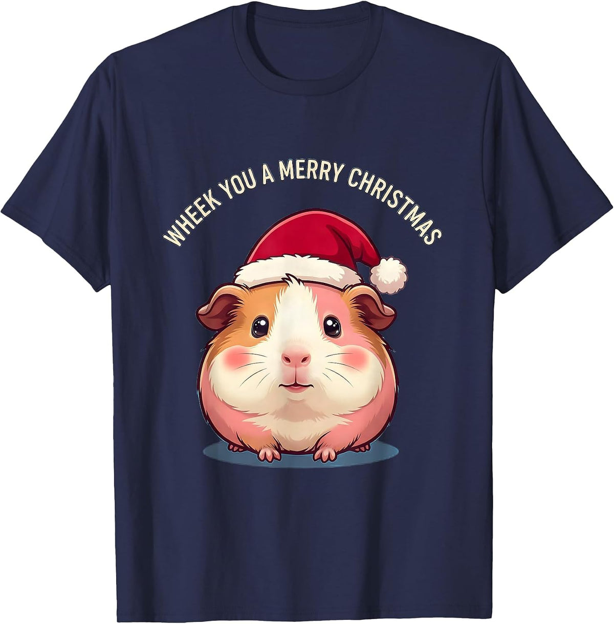 Wheek You A Merry Christmas Cute Kawaii Guinea Pig Santa Hat T-Shirt - Navy Blue