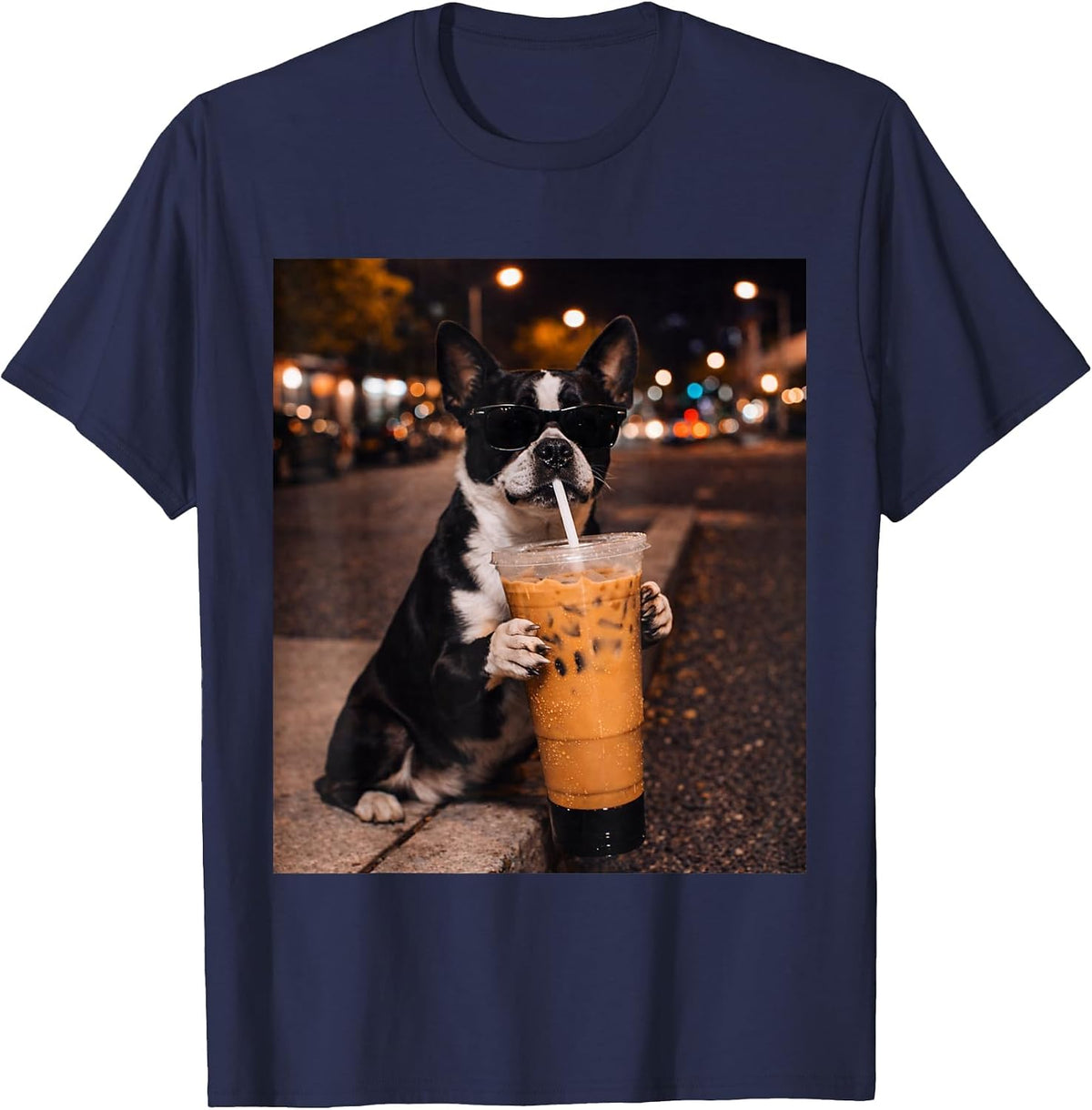 Boston Terrier Dog Iced Coffee Lover Humor Funny T-Shirt - Navy Blue