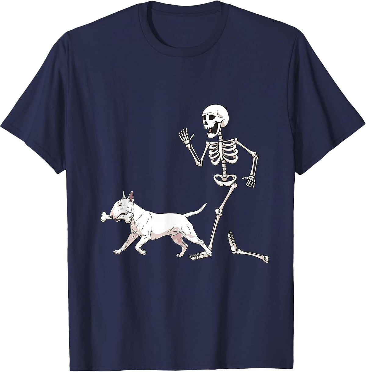 Funny Halloween Bull Terrier and Skeleton T-Shirt - Navy Blue