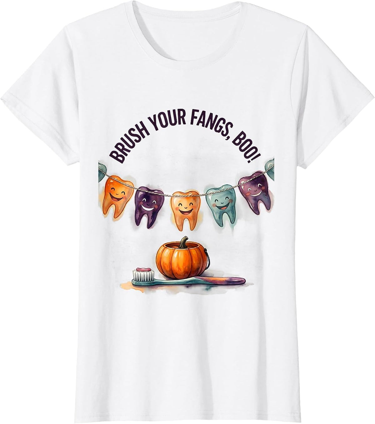 Brush Your Fangs, Boo! Watercolor Dental Humor Halloween T-Shirt - White
