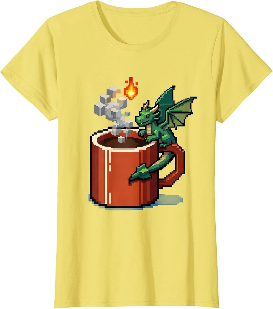 Pixel-Art Dragon Mug Fantasy Gamer Whimsical Pride T-Shirt - Lemon Yellow
