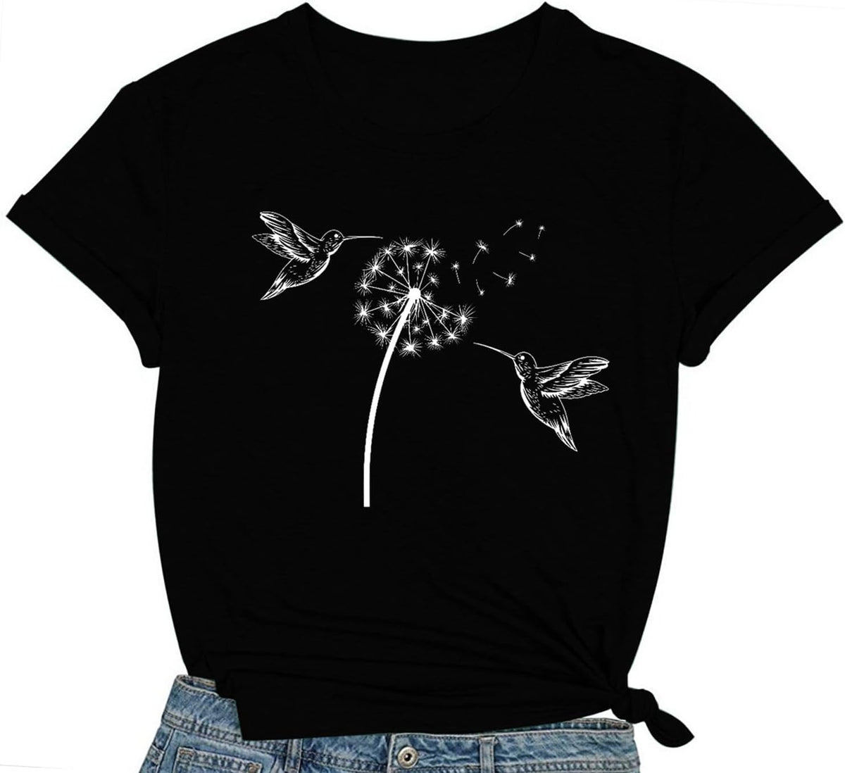 Bird Shirts for Women Dandelion Hummingbird Print Tshirt Bird Lover Birdwatching Tee Tops - Black