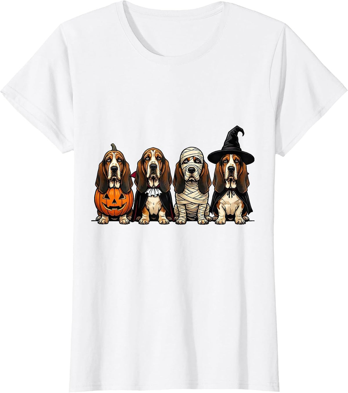 Women's Halloween Basset Hound Squad Pumpkin Vampire Mummy Witch Dog T-Shirt - White