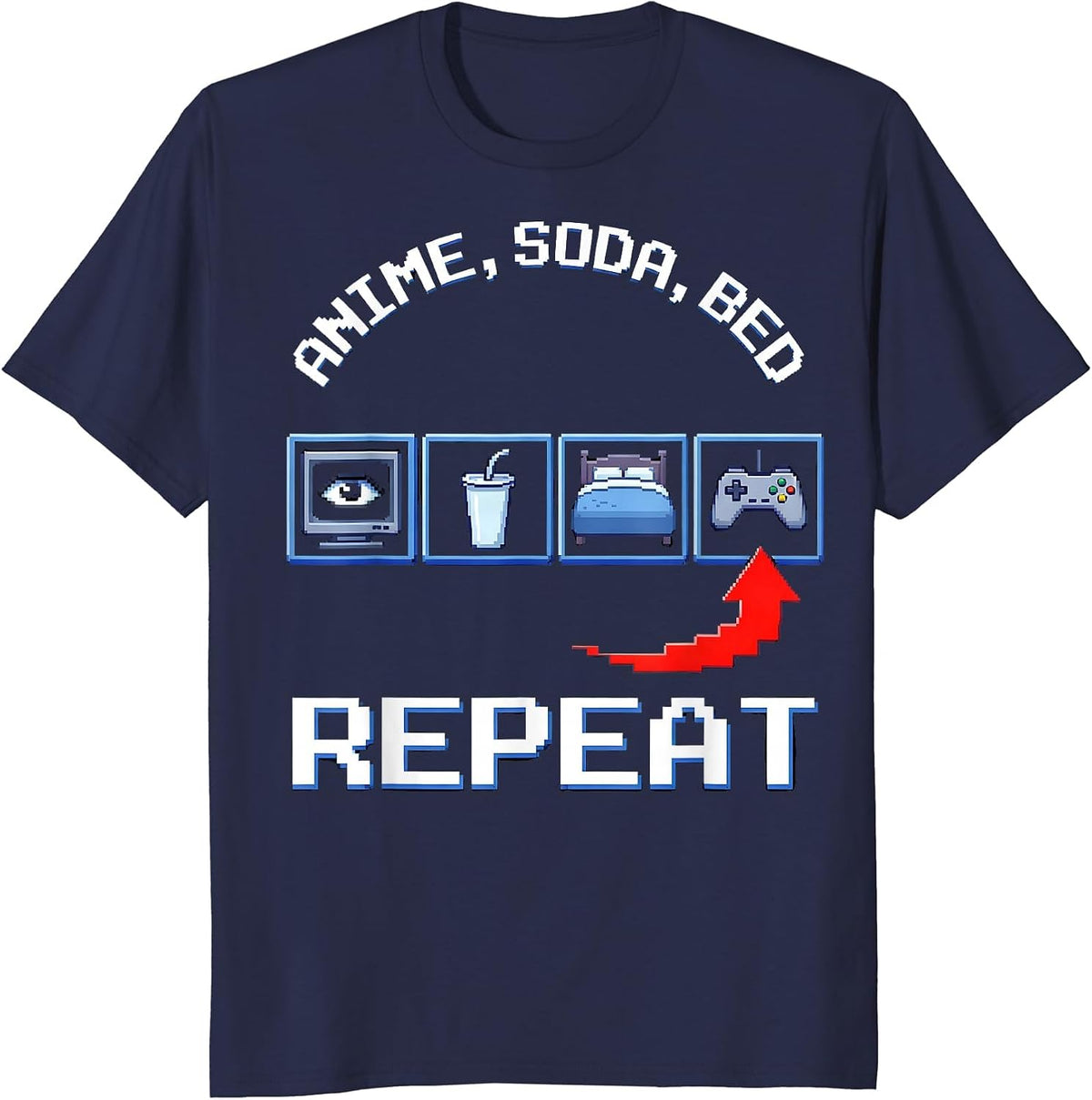Anime Soda Bed Repeat Kawaii Otaku Manga Gamer Humor T-Shirt - Navy Blue