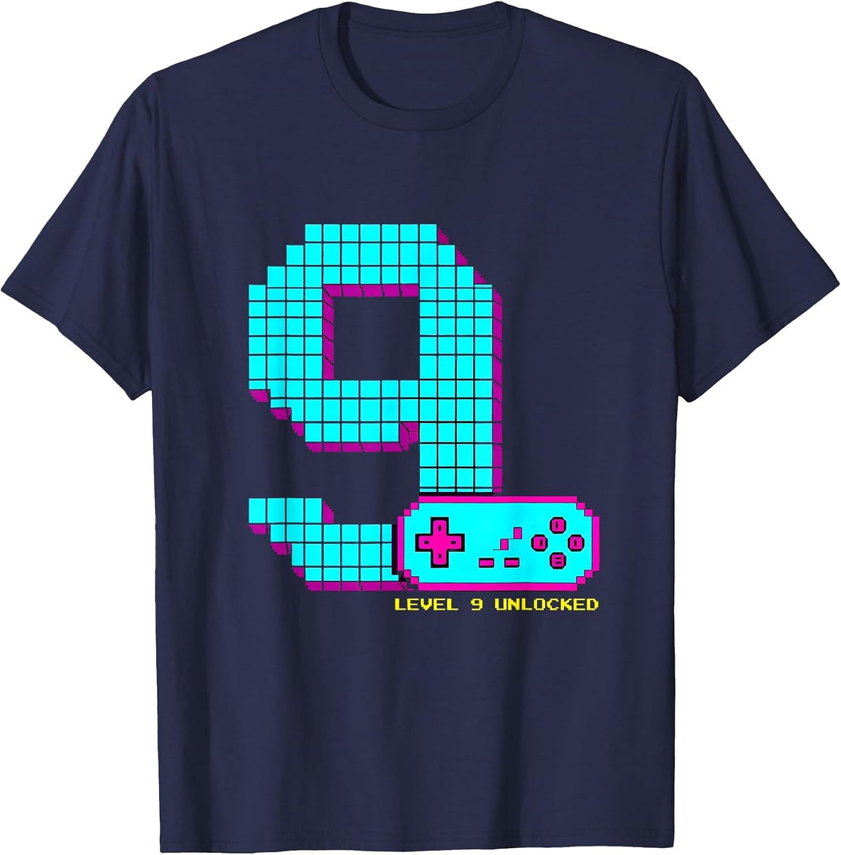 Level 9 Unlocked Pixel Art Gamer Birthday Gift T-Shirt - Navy Blue
