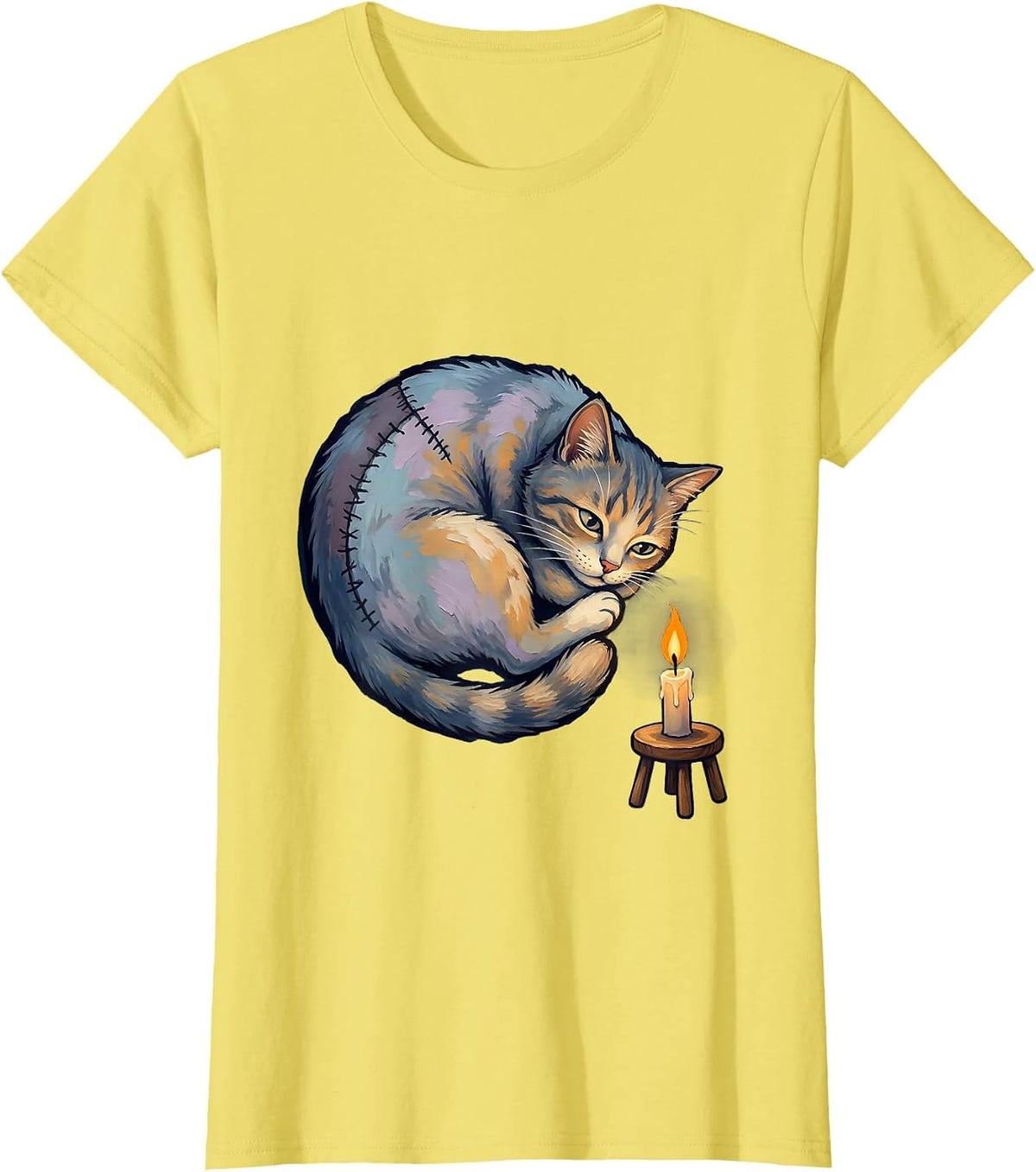 Women's Storybook Cat Pastel Goth Creepy-Cute Kawaii Cat Lover T-Shirt - Lemon Yellow