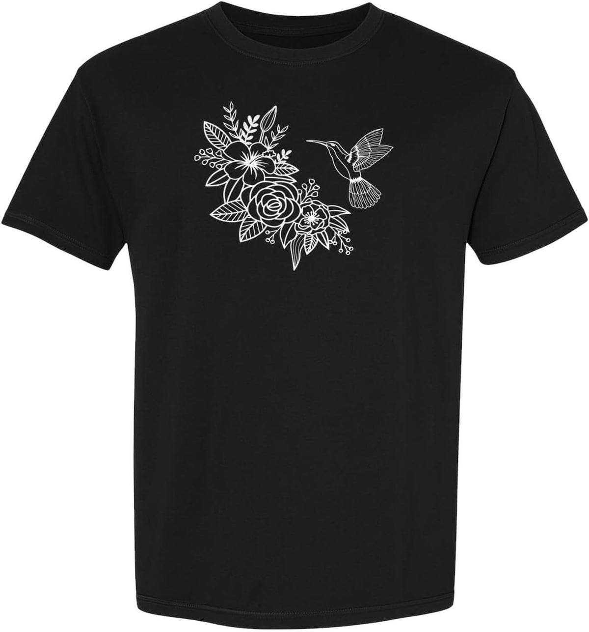 Hummingbird T-Shirt, Botanical Line Art Flower Design for Bird Watchers and Garden Lovers - Black