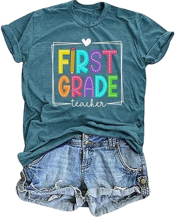 First Grade Teacher Shirt for Women: Teach Life T-Shirt Tops Teching Gift Short Sleeve - Cyan1