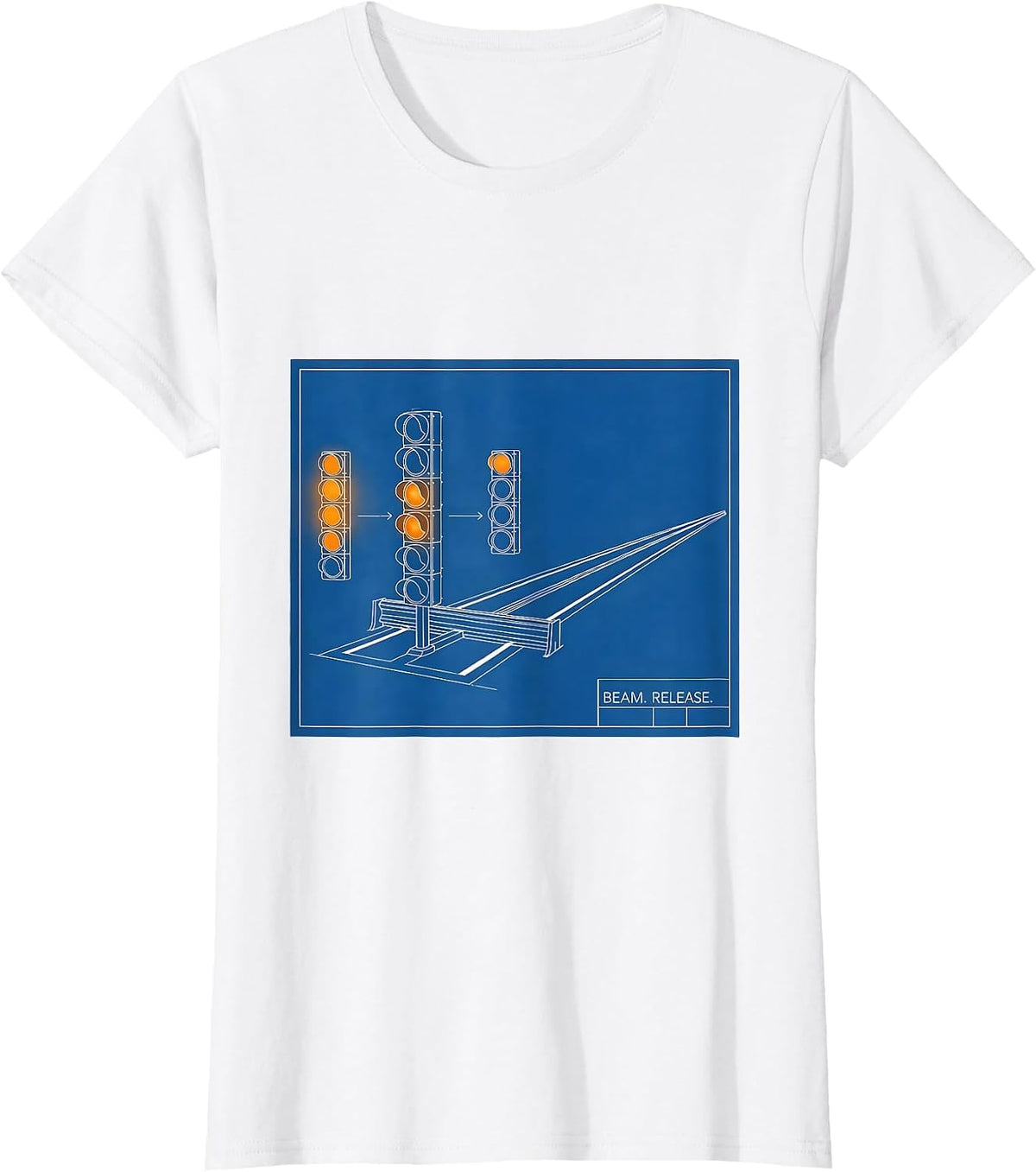 Beam Release Technical Blueprint American Drag Racing RC Car T-Shirt - White