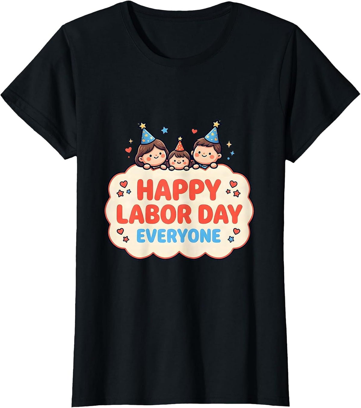 Women's Happy Labor Day Everyone Cute Kawaii Family Holiday T-Shirt - Black