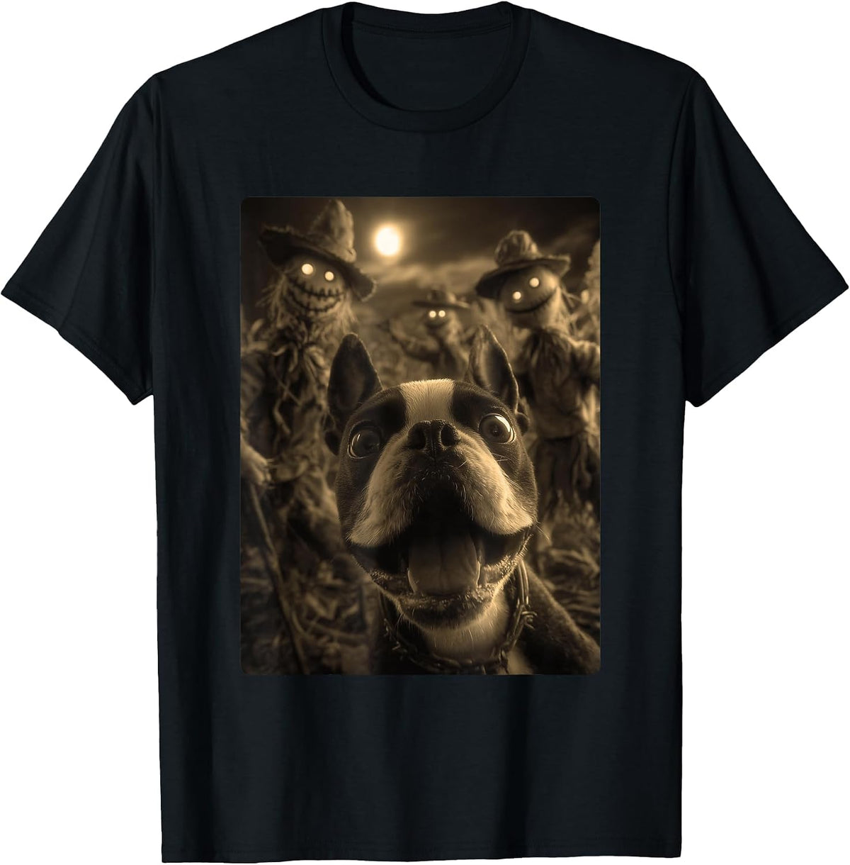 Vintage Boston Terrier Selfie Spooky Scarecrows Halloween T-Shirt - Black