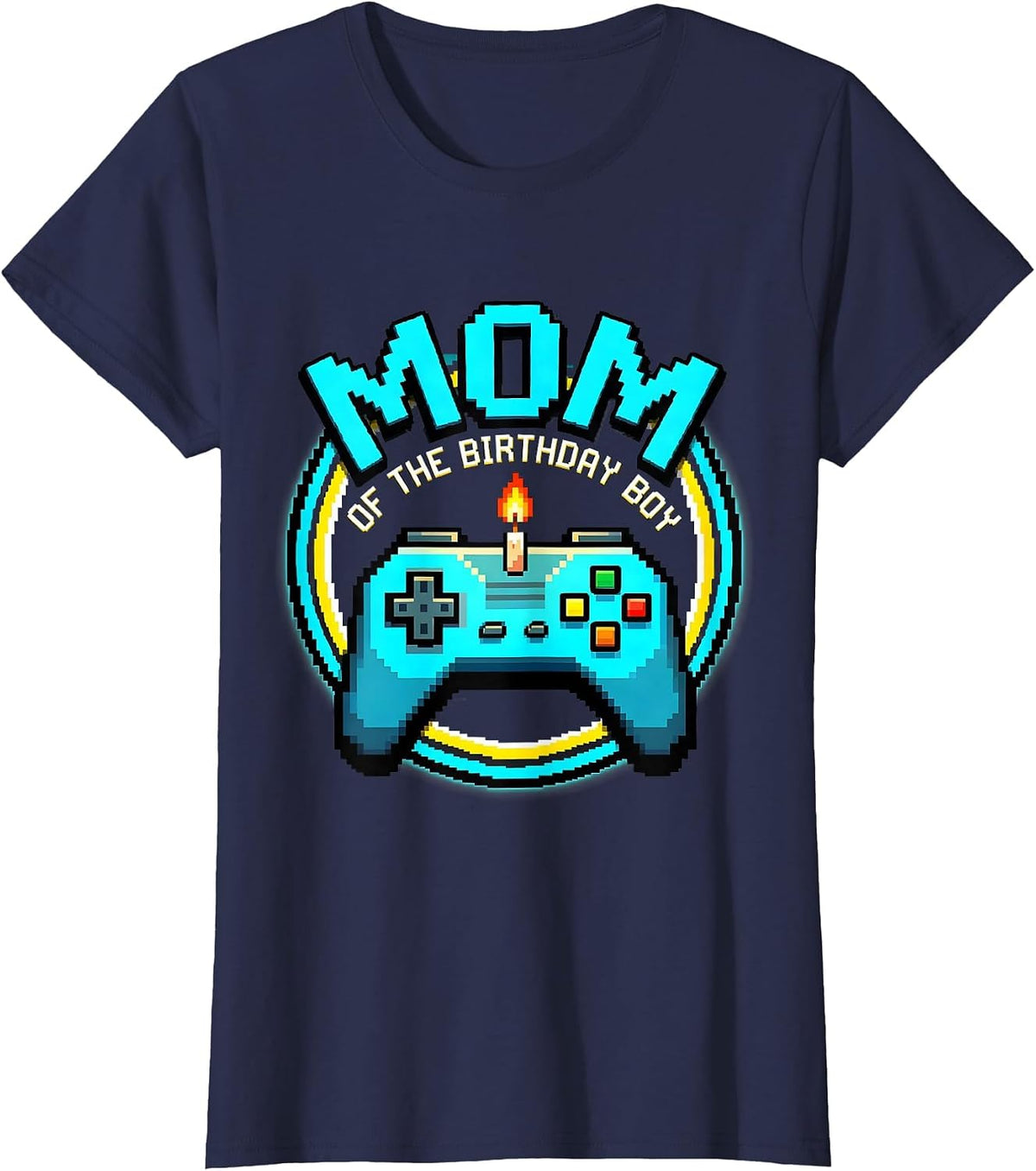 Women's Mom Of The Birthday Boy Pixel Art Video Game Birthday Party T-Shirt - Navy Blue